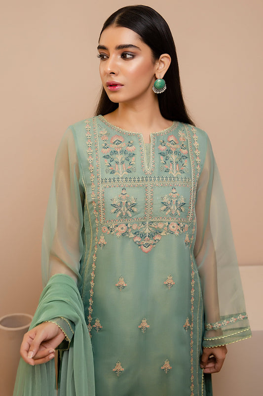 Stitched 3 Piece Check Organza Embroidered Suit