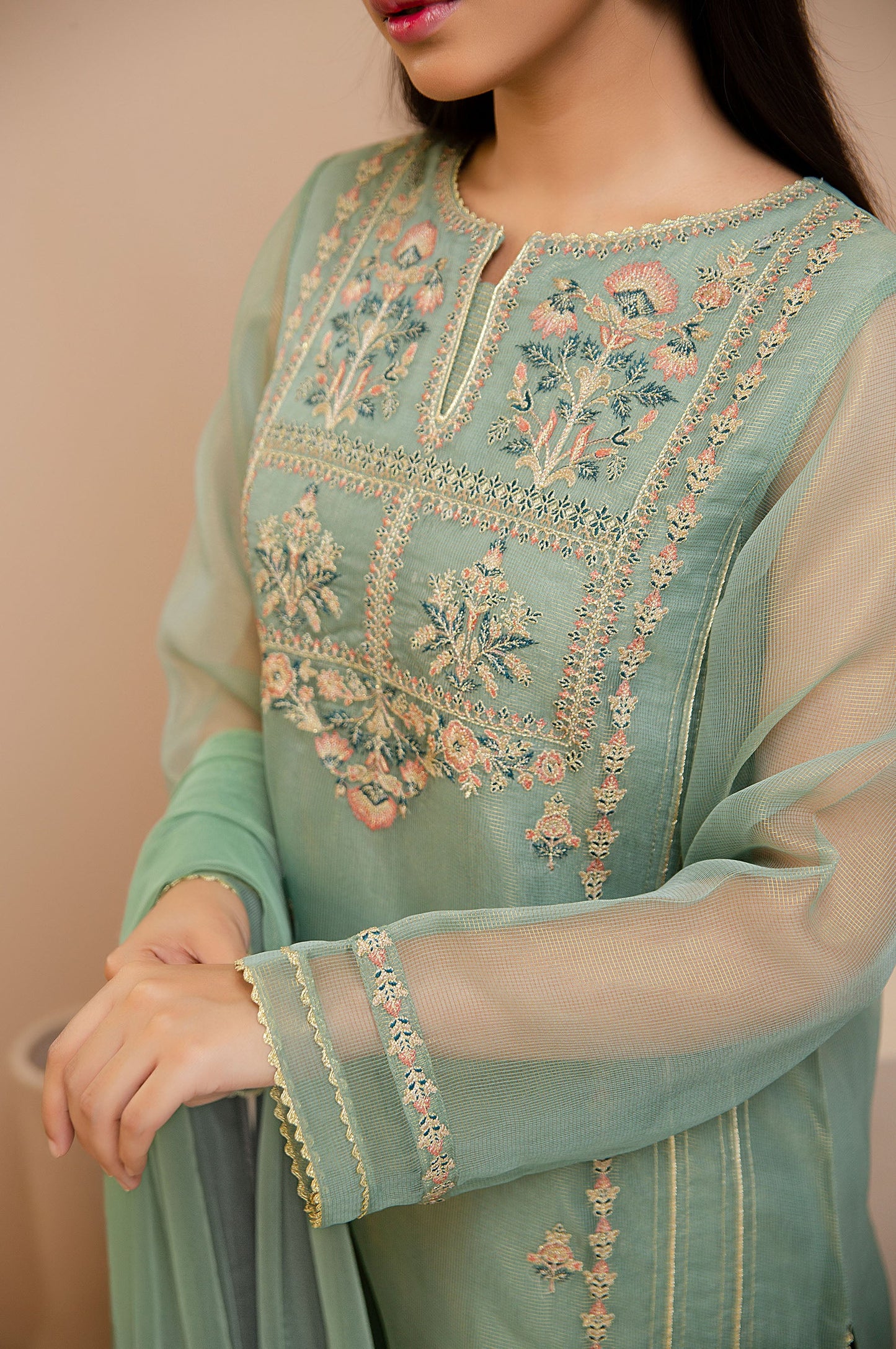 Stitched 3 Piece Check Organza Embroidered Suit