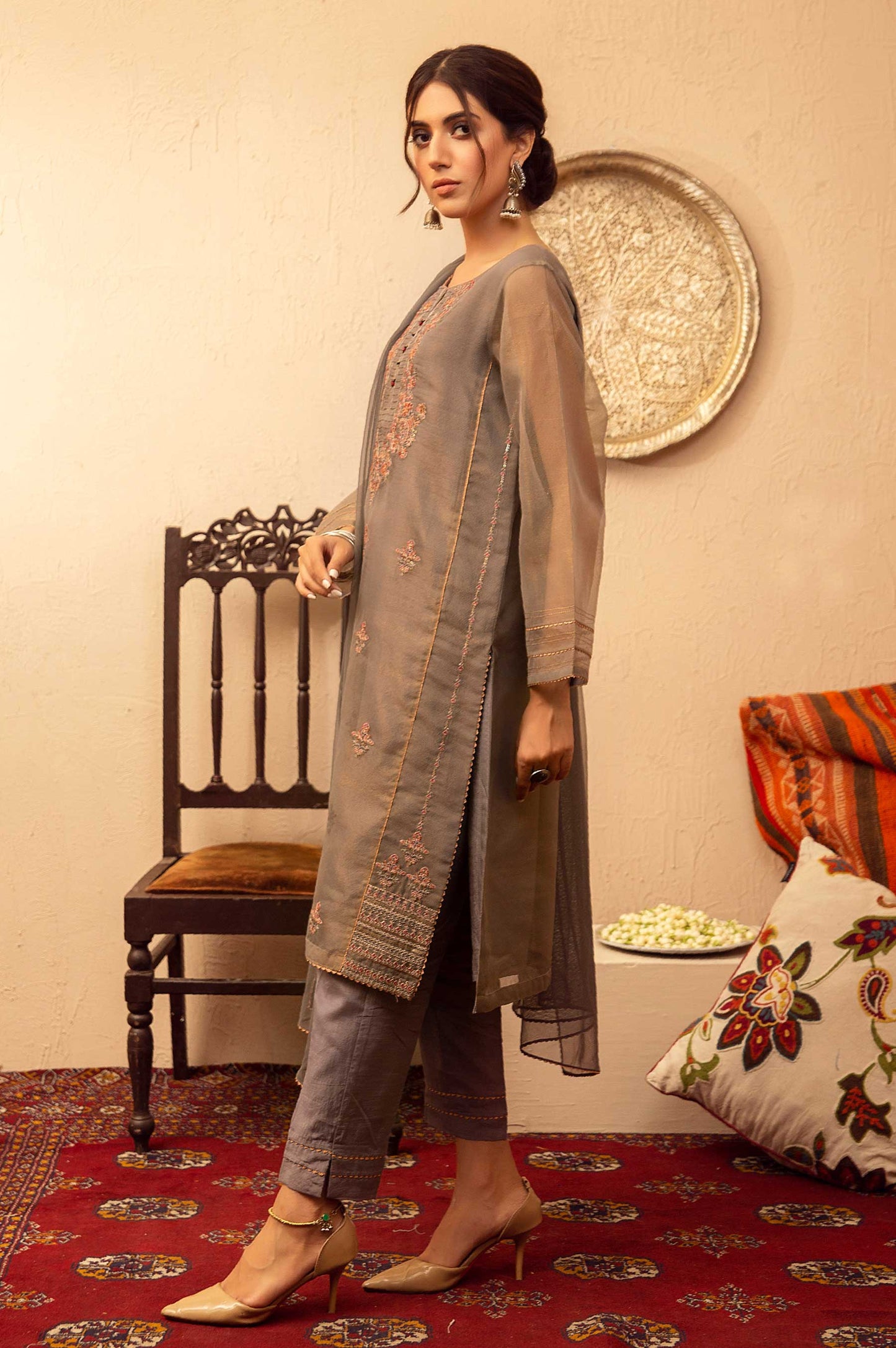 Stitched 3 Piece Zari Net Embroidered Suit