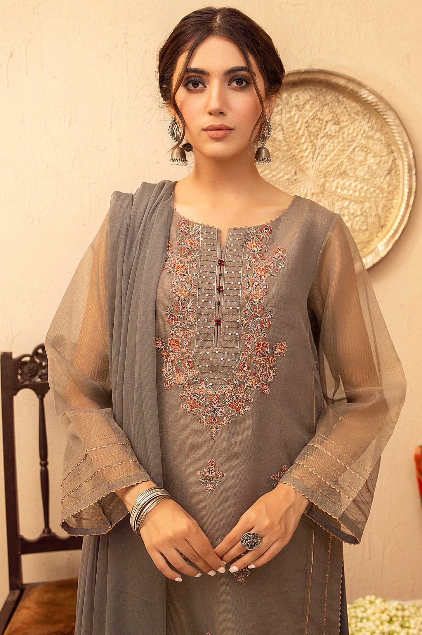 Stitched 3 Piece Zari Net Embroidered Suit