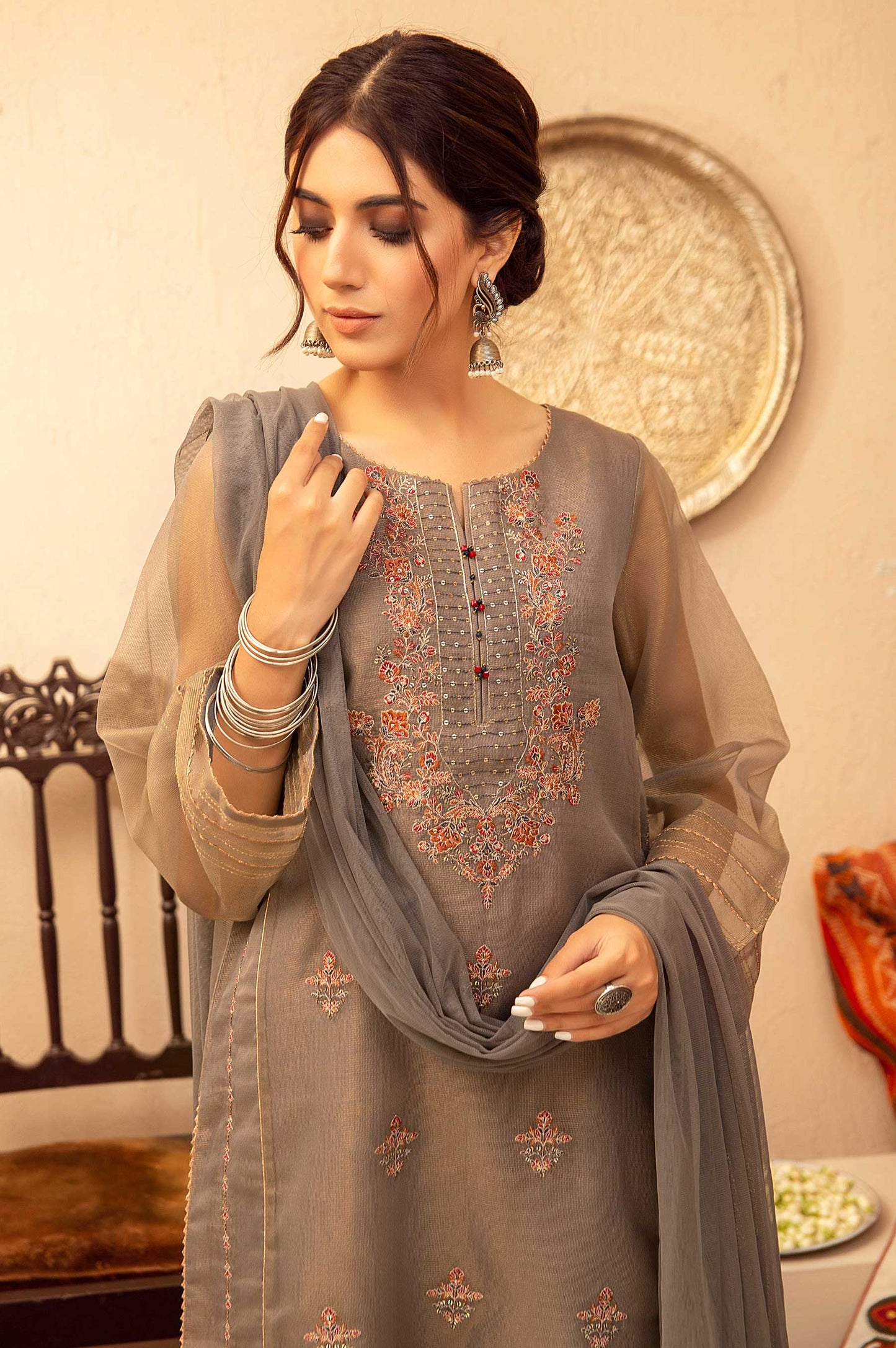 Stitched 3 Piece Zari Net Embroidered Suit