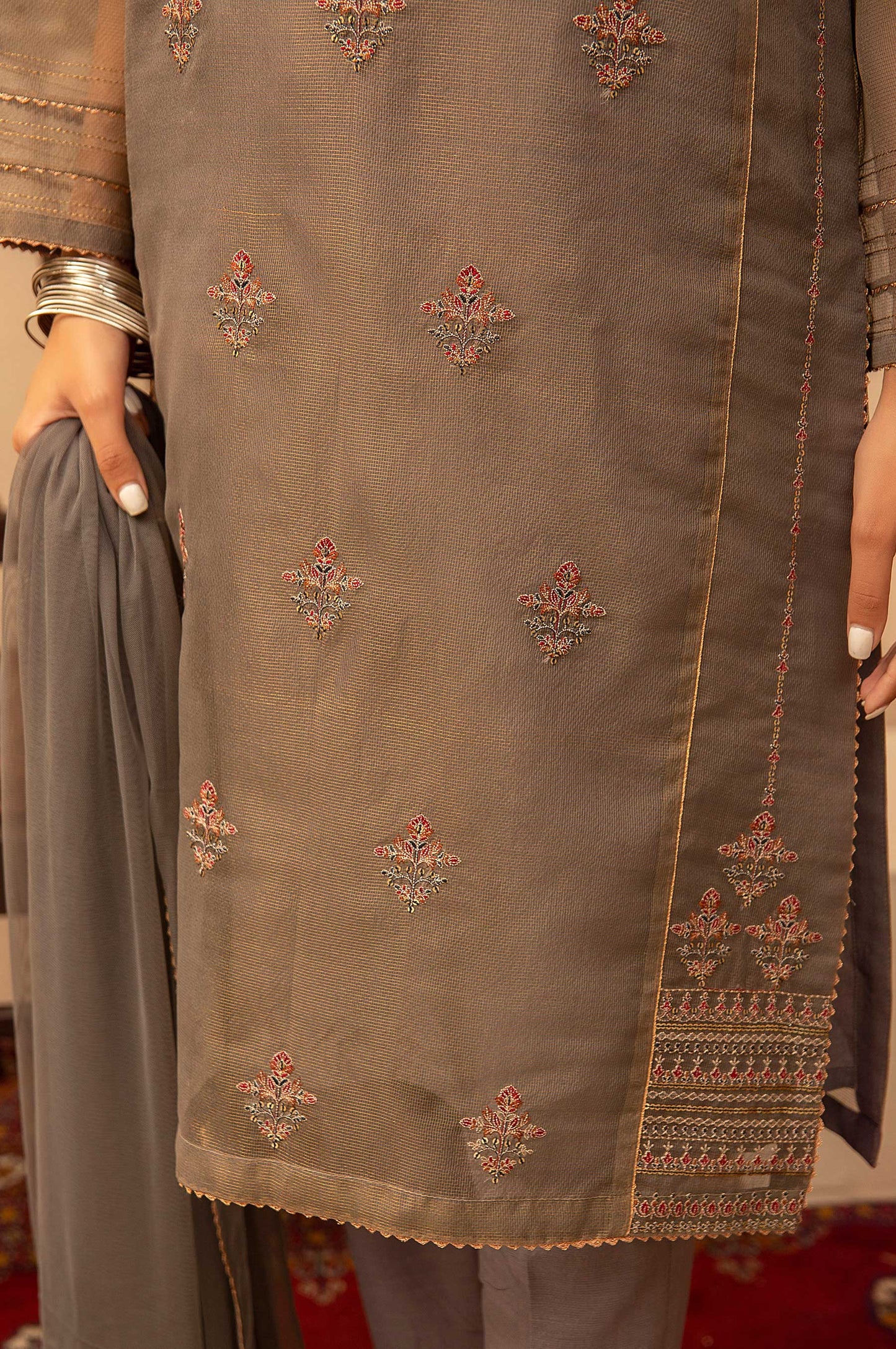 Stitched 3 Piece Zari Net Embroidered Suit