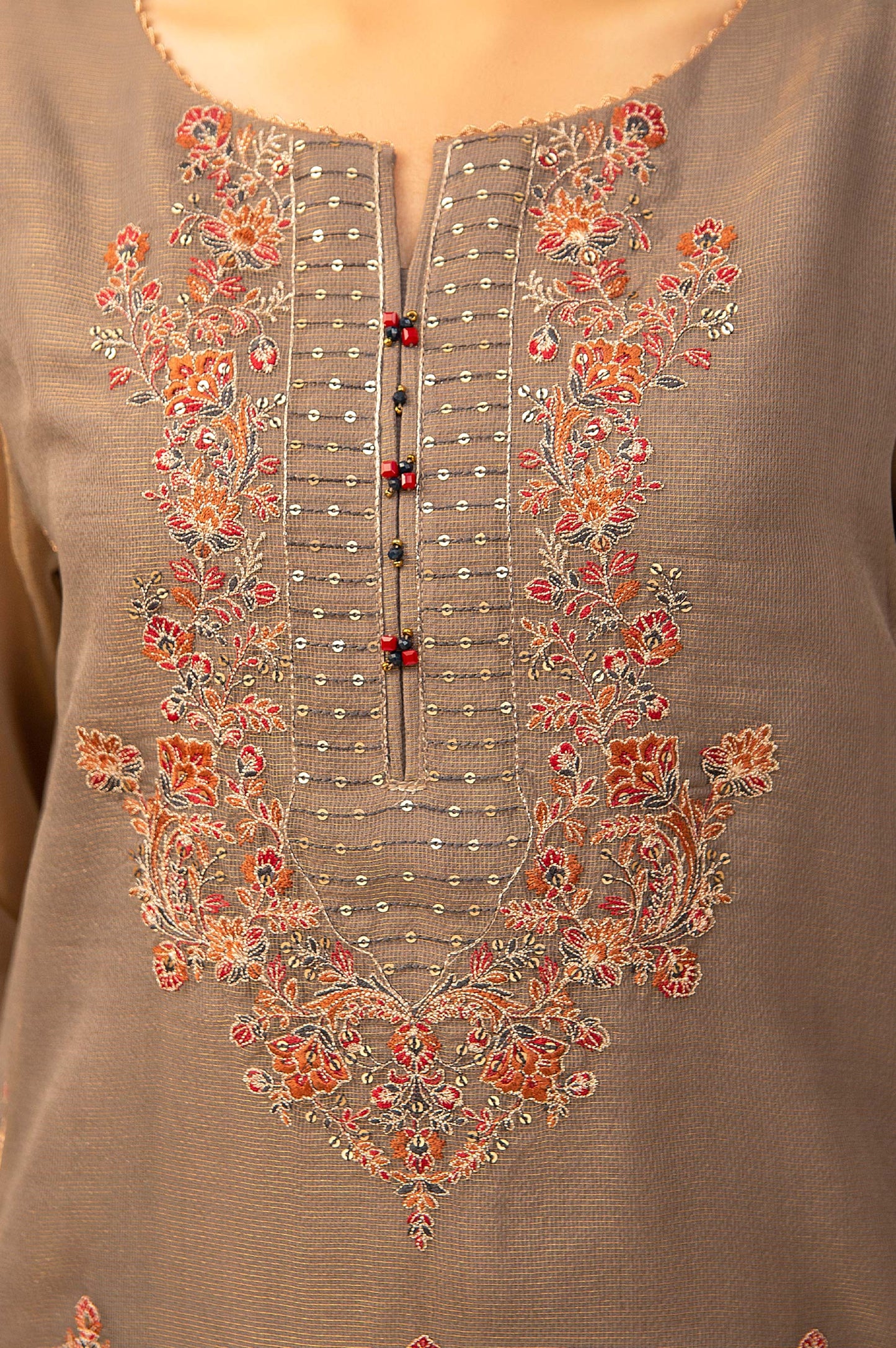 Stitched 3 Piece Zari Net Embroidered Suit