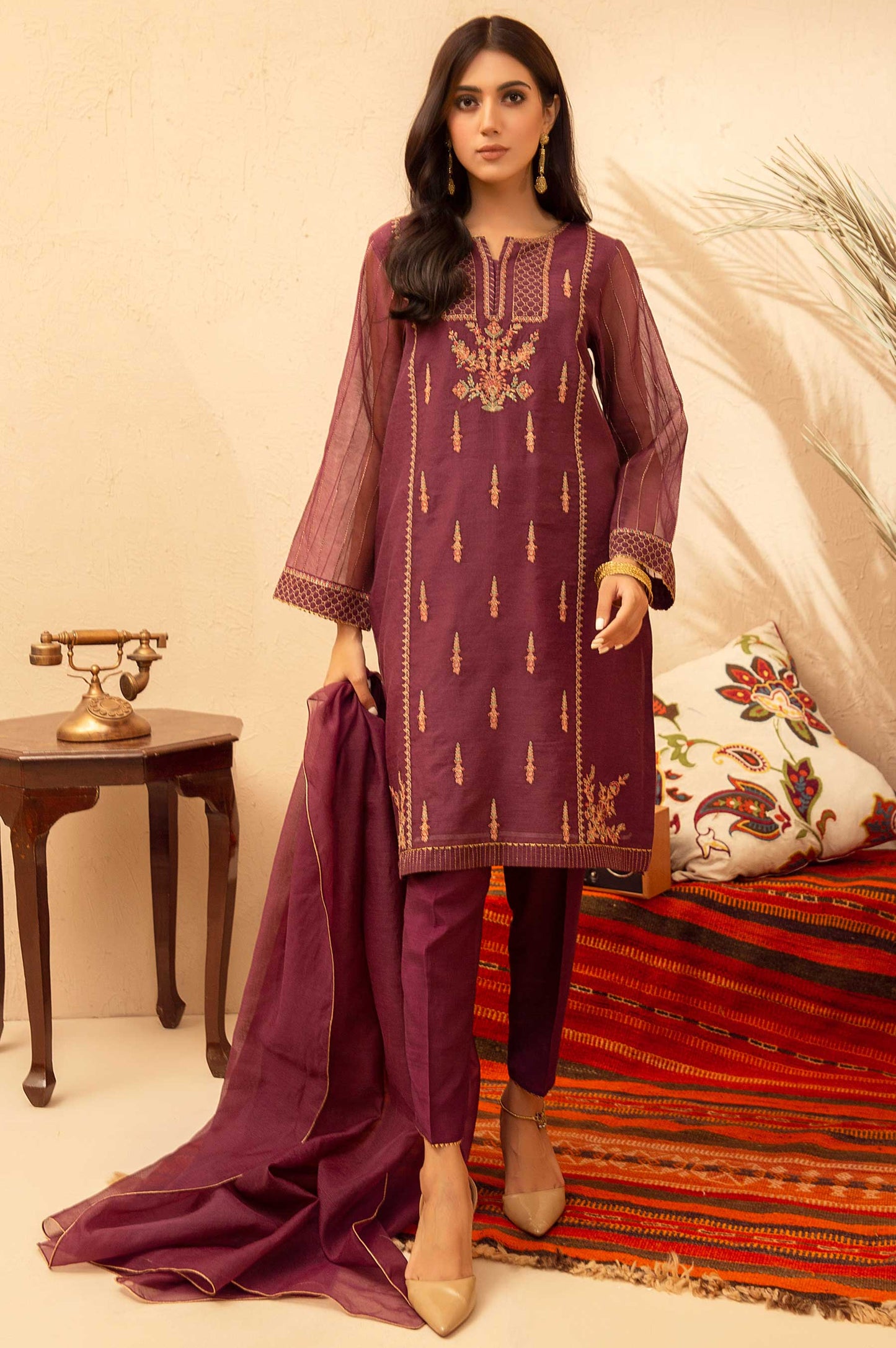 Stitched 3 Piece Checkered Organza Embroidered Suit