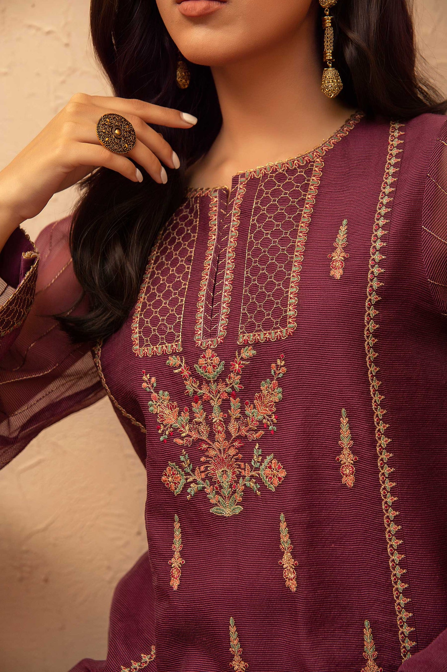 Stitched 3 Piece Checkered Organza Embroidered Suit