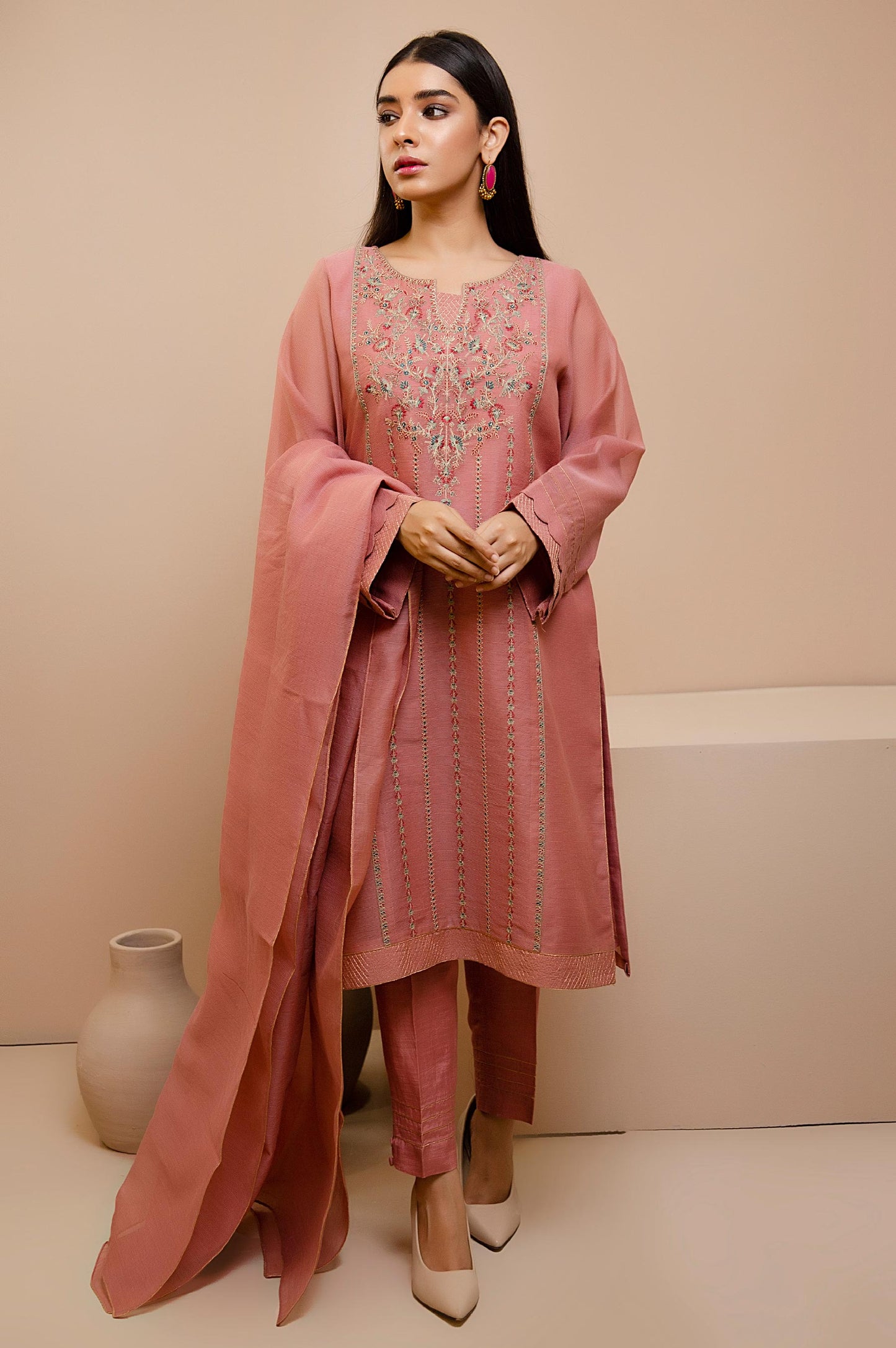 Stitched 3 Piece Check Organza Embroidered Suit