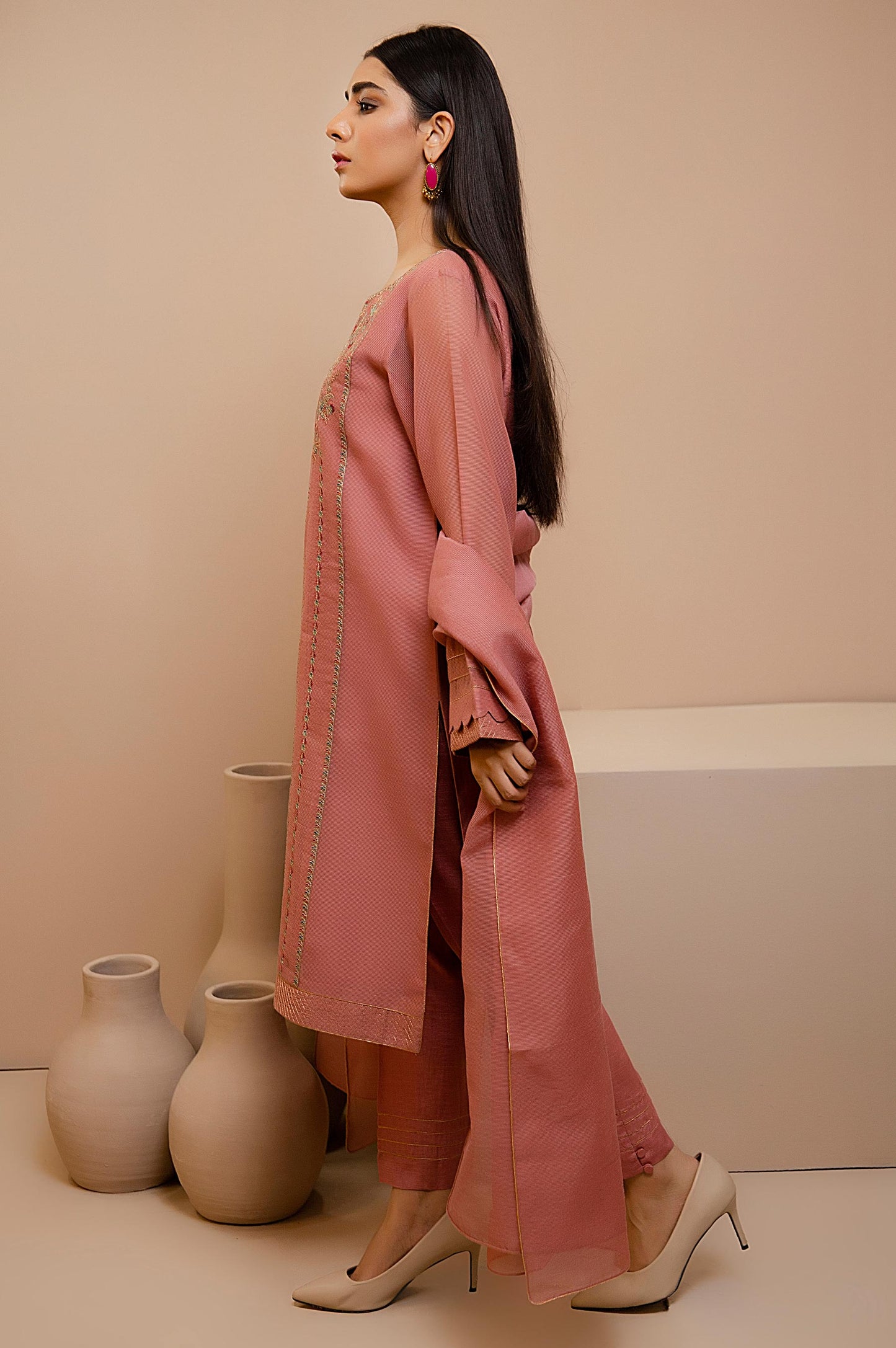 Stitched 3 Piece Check Organza Embroidered Suit