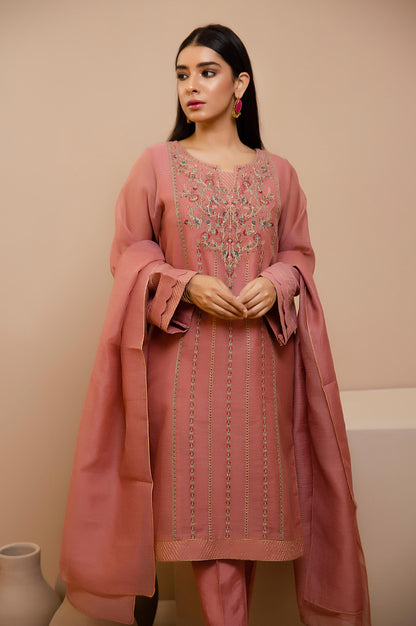 Stitched 3 Piece Check Organza Embroidered Suit