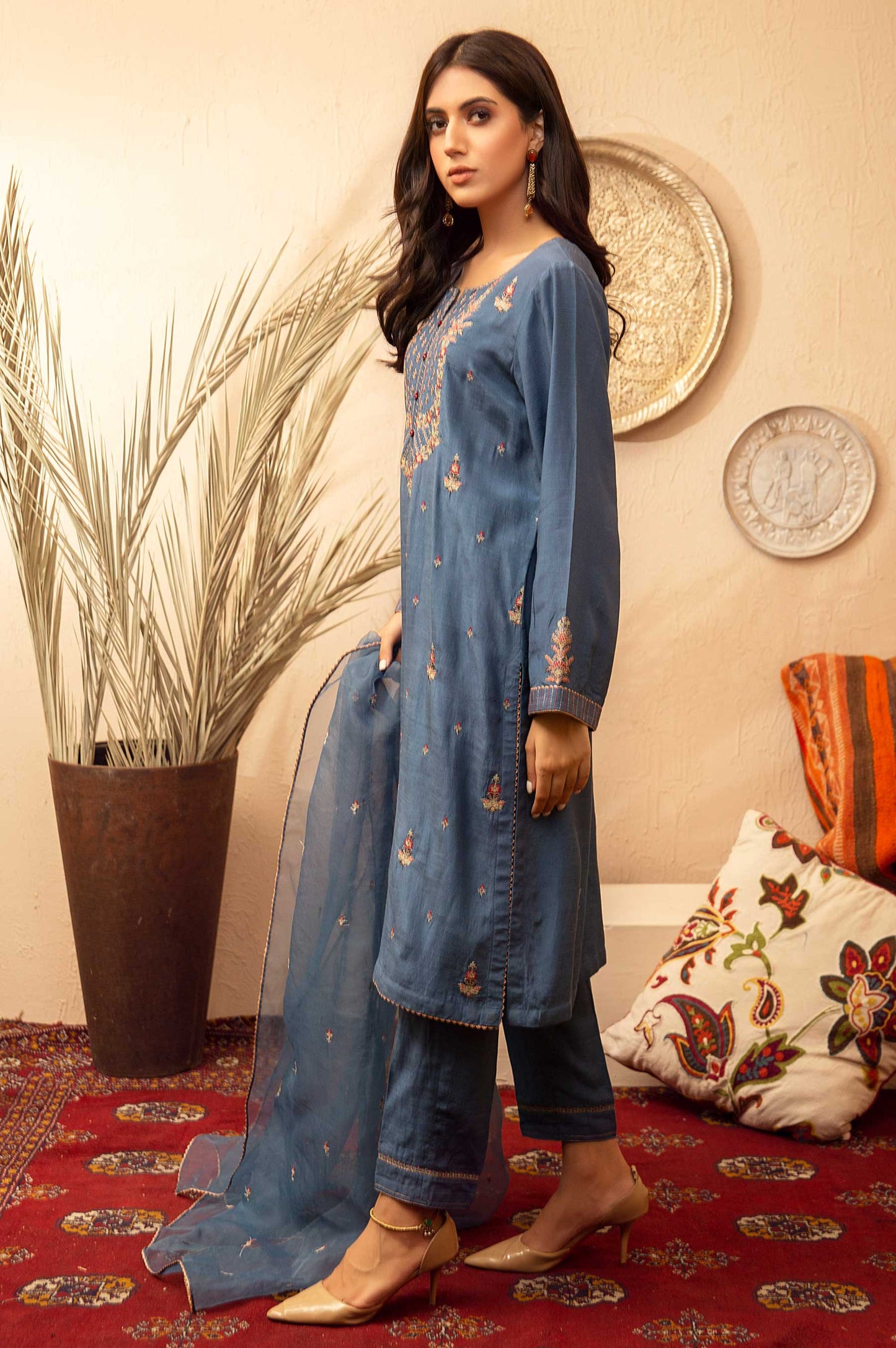 Stitched 3 Piece Raw Silk Embroidered Suit
