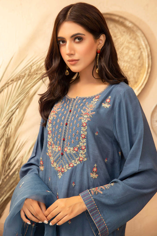 Stitched 3 Piece Raw Silk Embroidered Suit