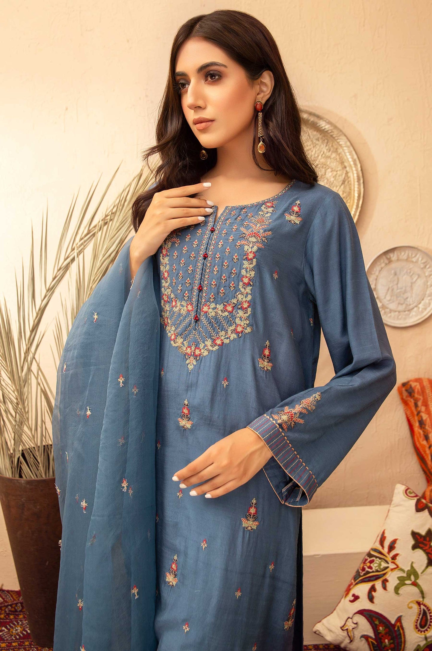 Stitched 3 Piece Raw Silk Embroidered Suit
