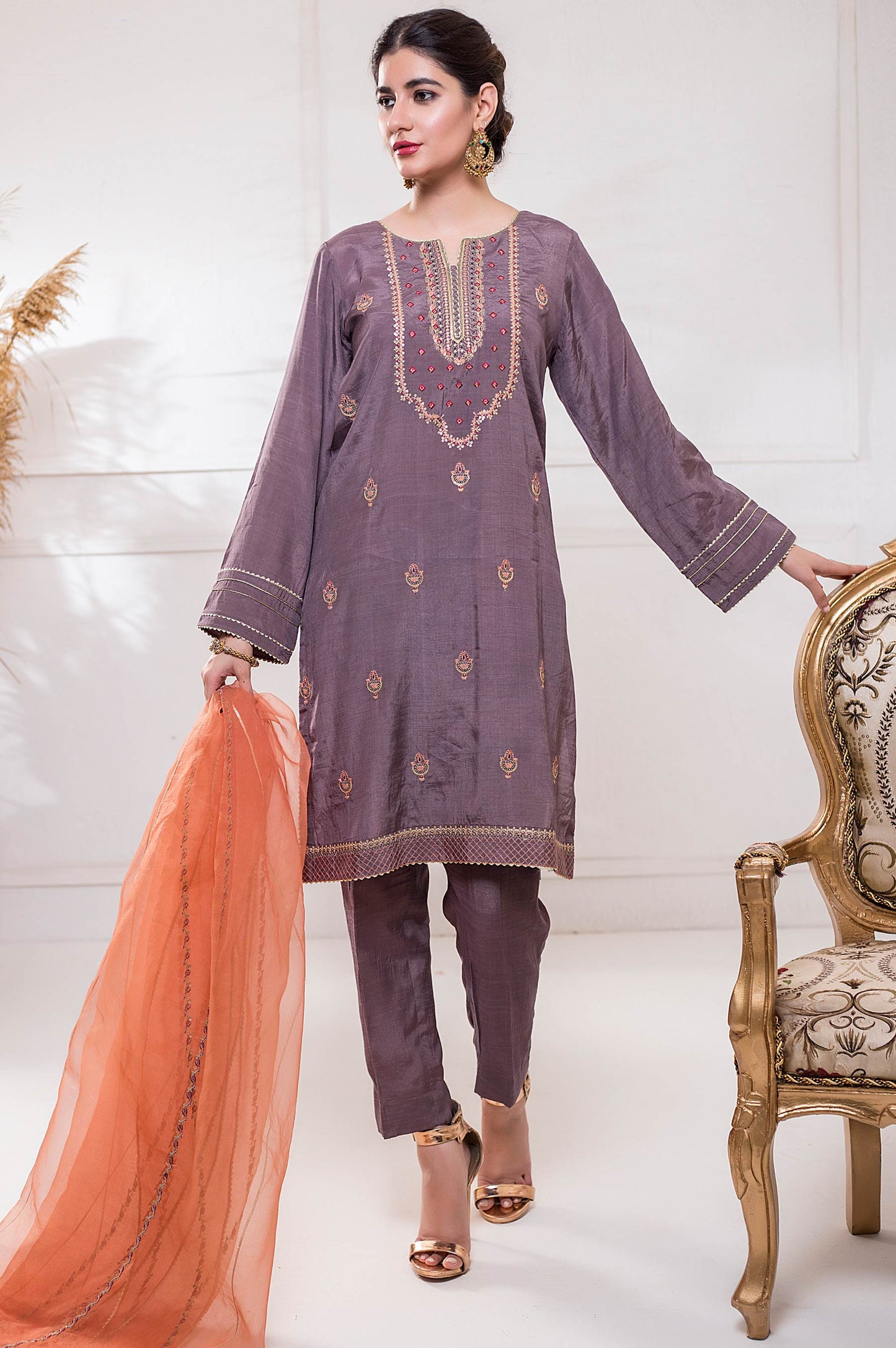 Stitched 3 Piece Raw Silk Embroidered Suit
