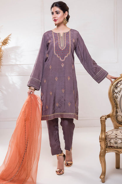 Stitched 3 Piece Raw Silk Embroidered Suit