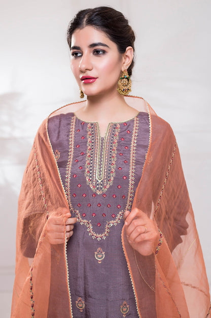 Stitched 3 Piece Raw Silk Embroidered Suit
