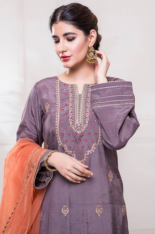 Stitched 3 Piece Raw Silk Embroidered Suit