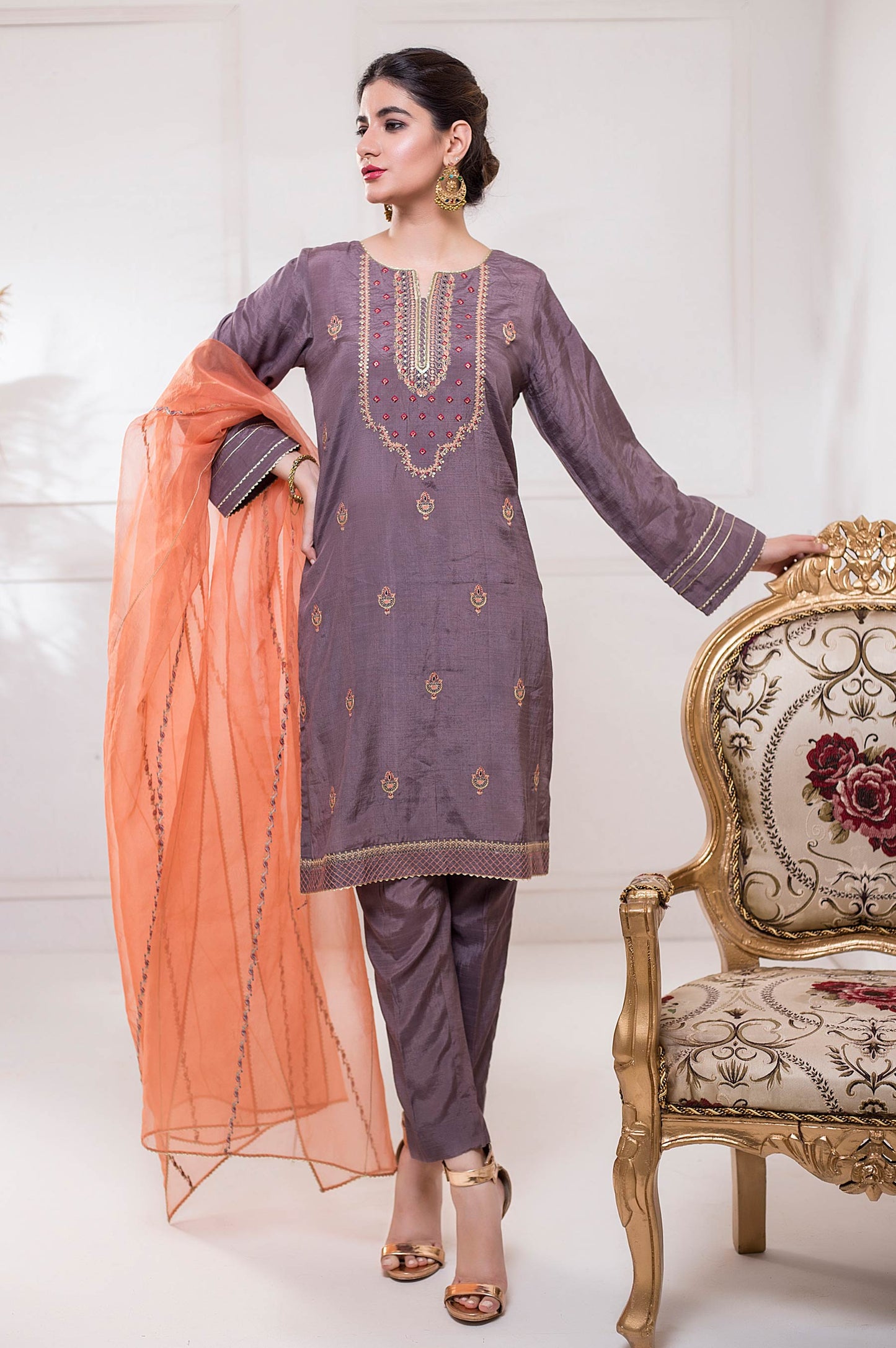 Stitched 3 Piece Raw Silk Embroidered Suit