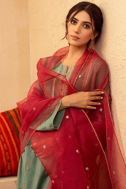 Stitched 3 Piece Raw Silk Embroidered Suit