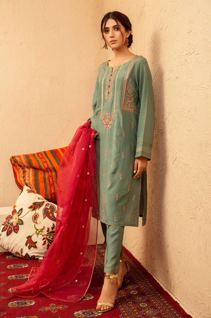 Stitched 3 Piece Raw Silk Embroidered Suit