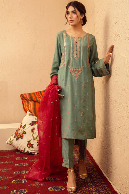 Stitched 3 Piece Raw Silk Embroidered Suit