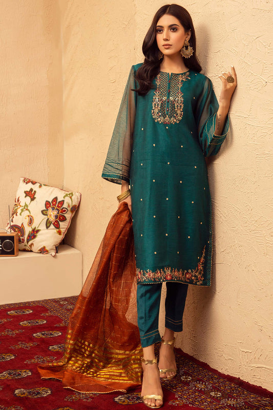 Stitched 3 Piece Khaddi Net Embroidered Suit