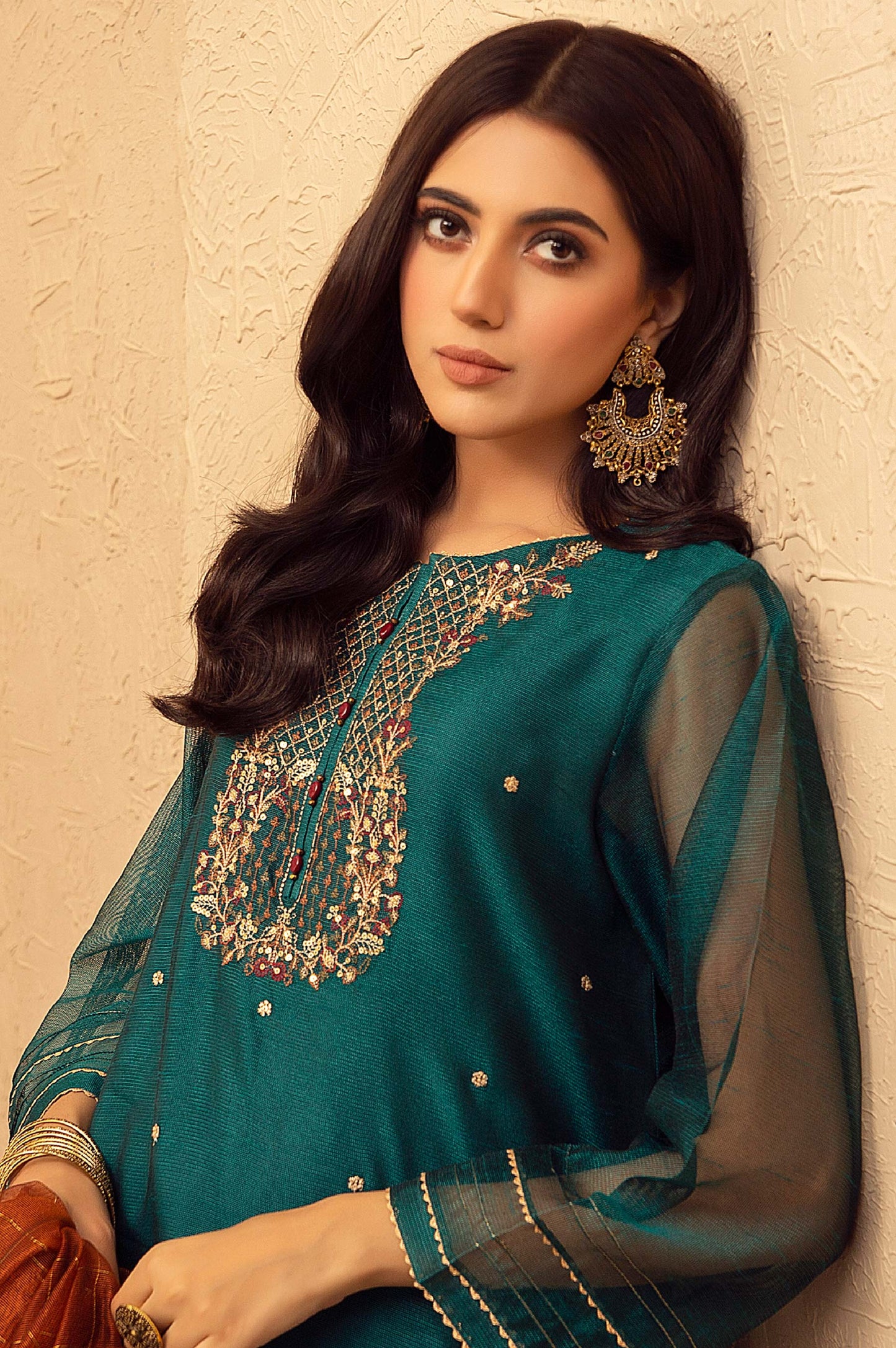 Stitched 3 Piece Khaddi Net Embroidered Suit