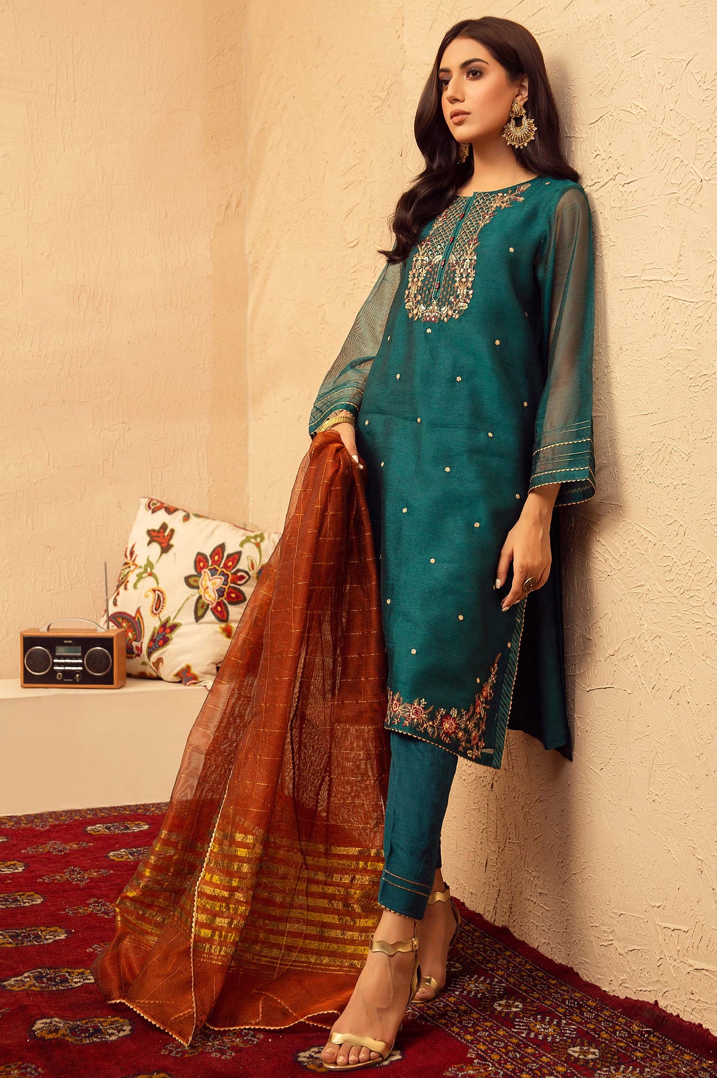 Stitched 3 Piece Khaddi Net Embroidered Suit
