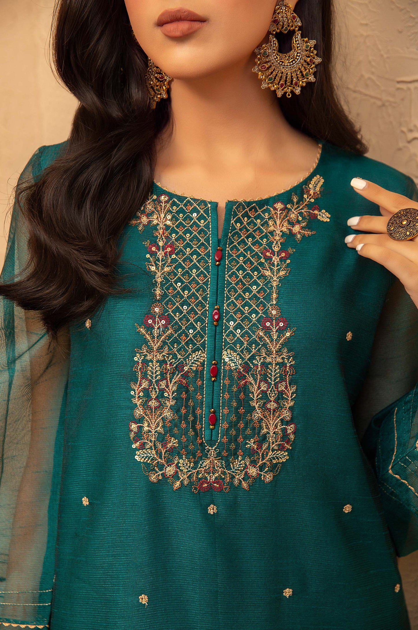 Stitched 3 Piece Khaddi Net Embroidered Suit