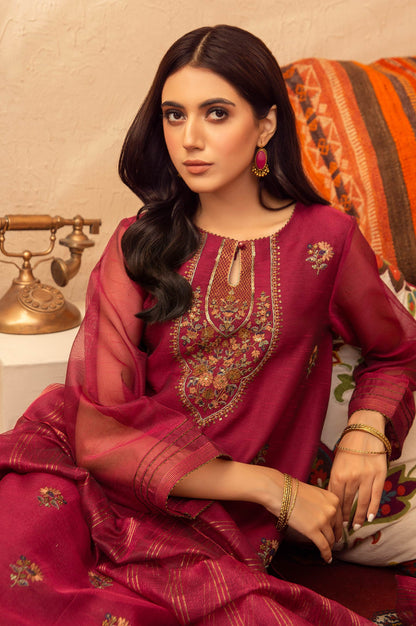 Stitched 3 Piece Khaddi Net Embroidered Suit