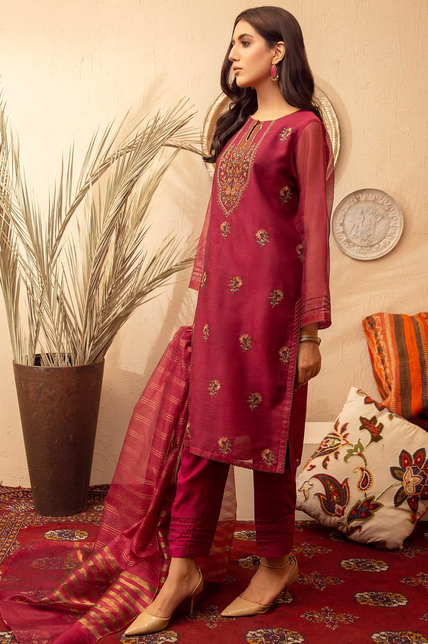 Stitched 3 Piece Khaddi Net Embroidered Suit