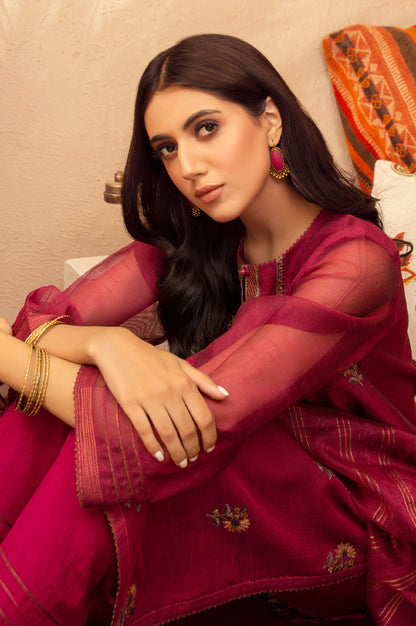 Stitched 3 Piece Khaddi Net Embroidered Suit