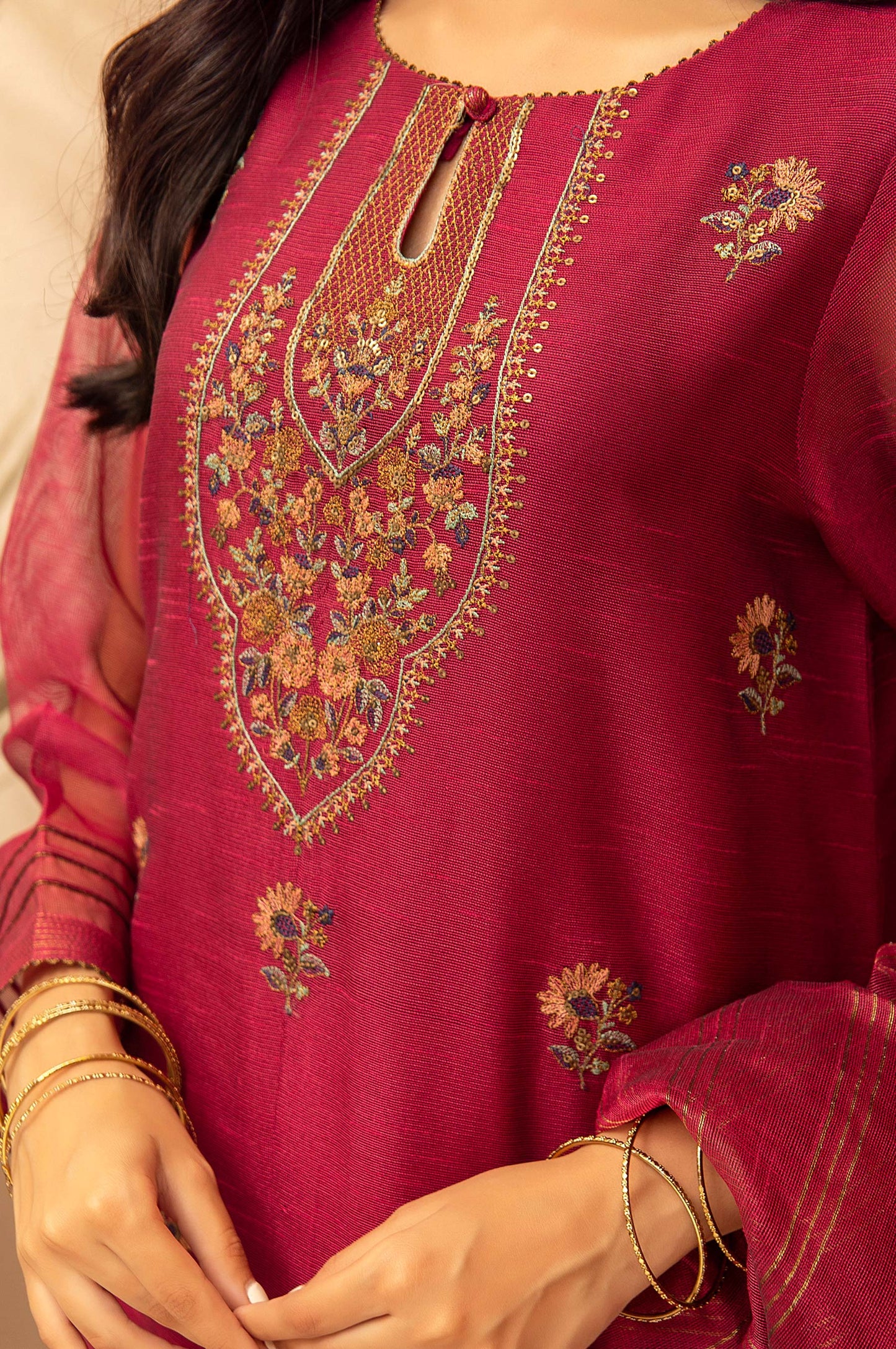 Stitched 3 Piece Khaddi Net Embroidered Suit