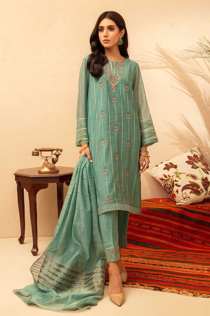 Stitched 3 Piece Khaddi Net Embroidered Suit