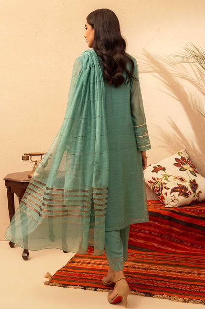 Stitched 3 Piece Khaddi Net Embroidered Suit