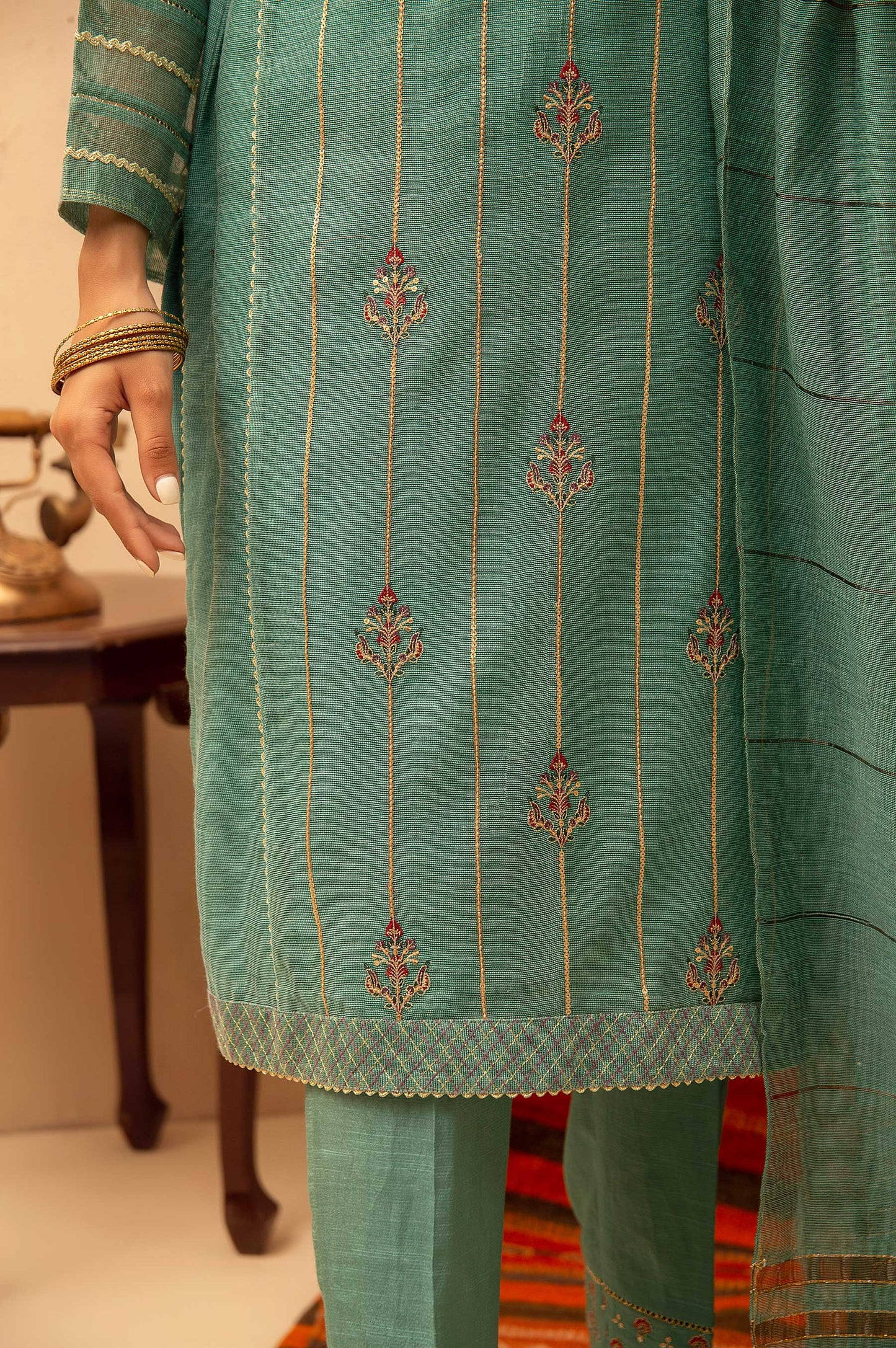 Stitched 3 Piece Khaddi Net Embroidered Suit