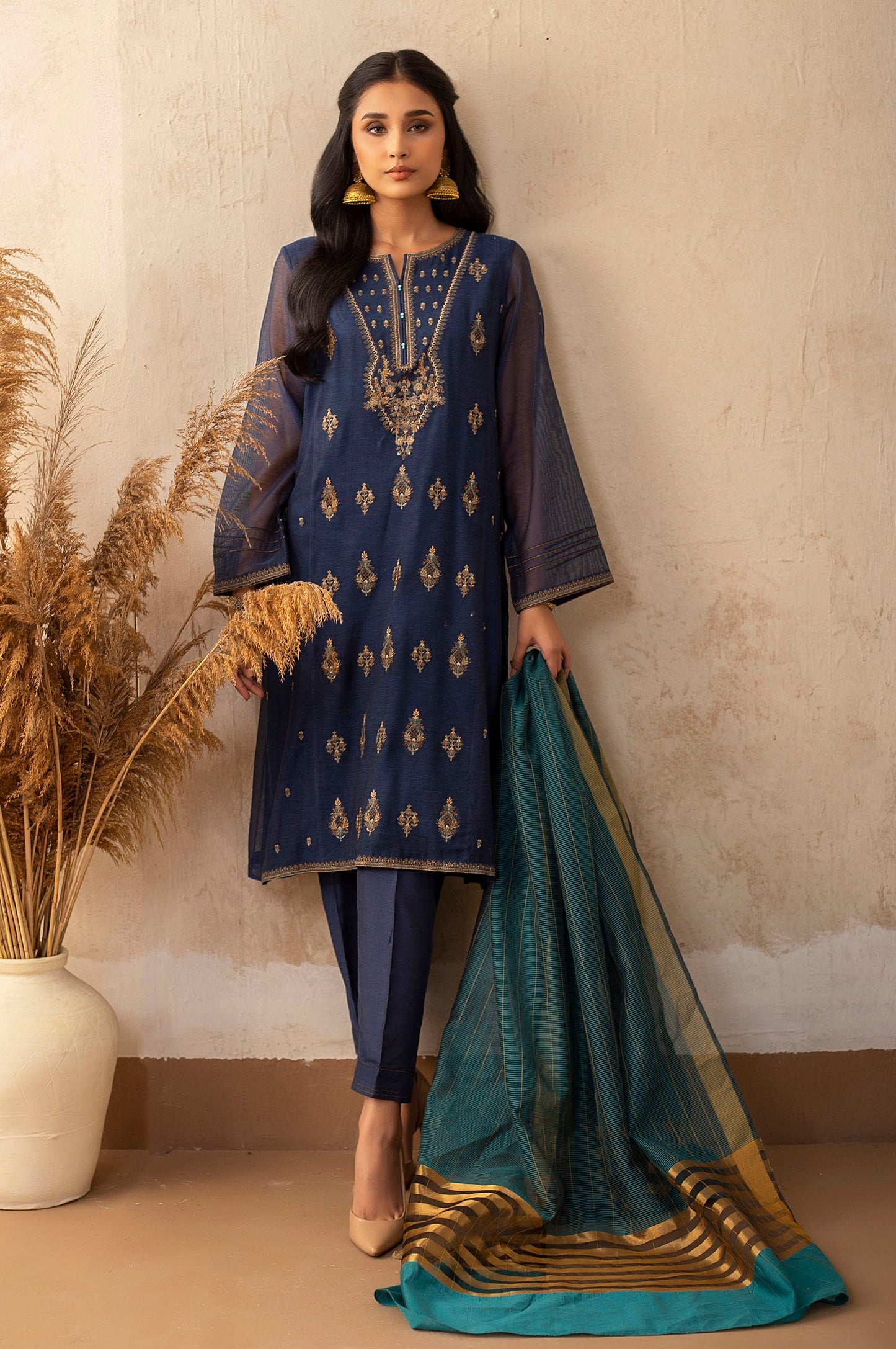 Stitched 3 Piece Khaddi Net Embroidered Suit