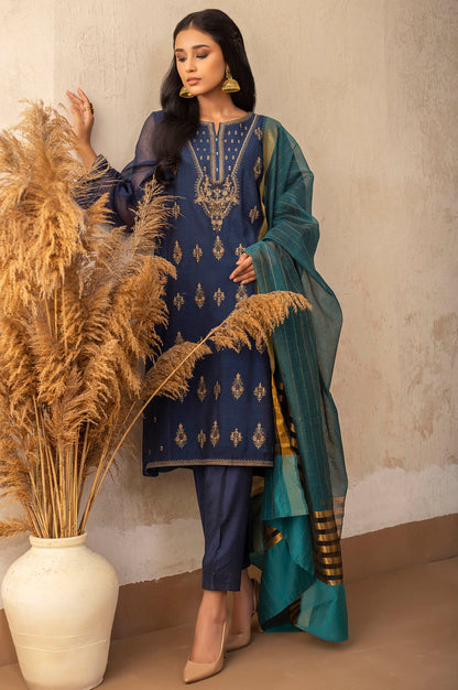 Stitched 3 Piece Khaddi Net Embroidered Suit