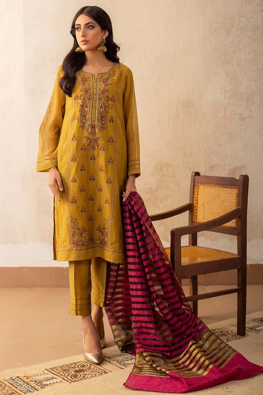 Stitched 3 Piece Khaddi Net Embroidered Suit