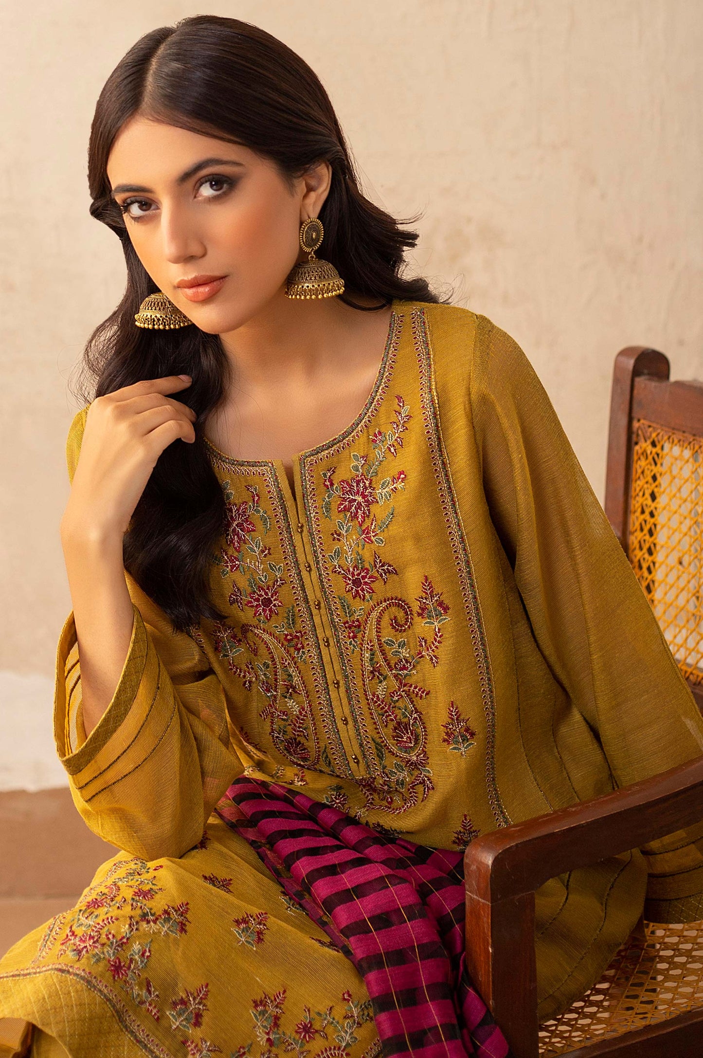 Stitched 3 Piece Khaddi Net Embroidered Suit