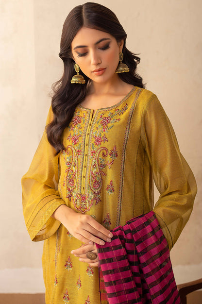 Stitched 3 Piece Khaddi Net Embroidered Suit