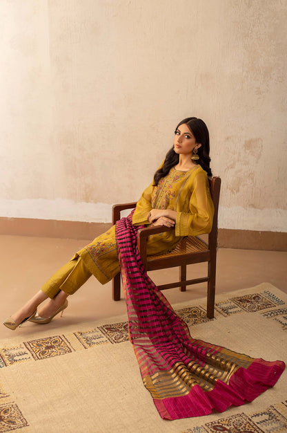 Stitched 3 Piece Khaddi Net Embroidered Suit