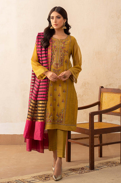 Stitched 3 Piece Khaddi Net Embroidered Suit
