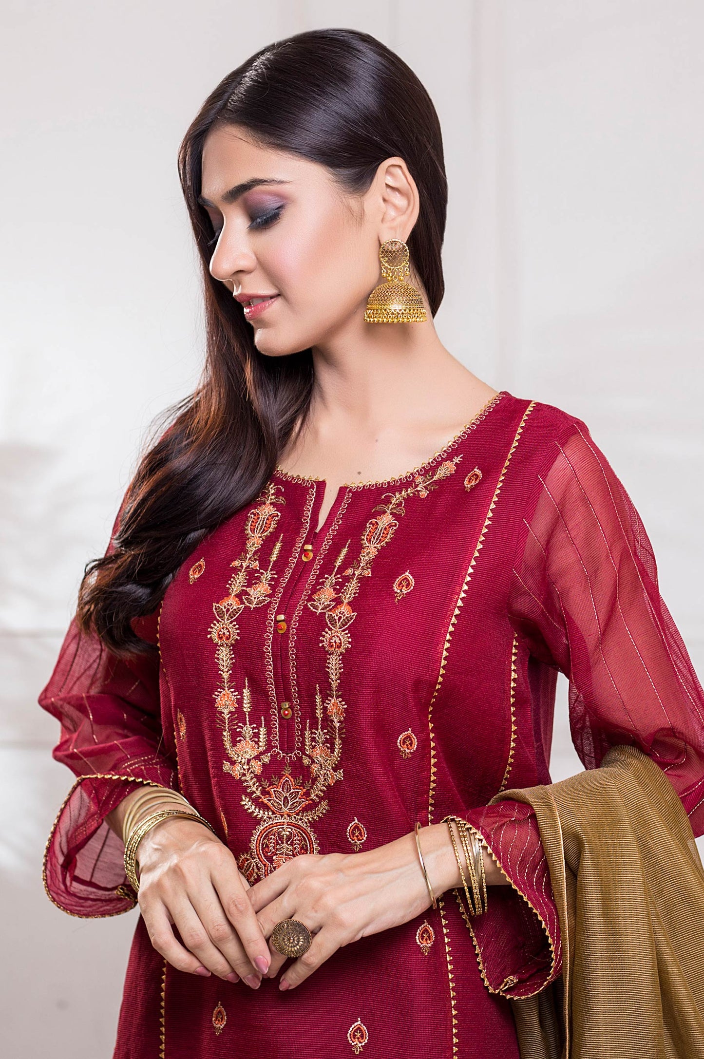 Stitched 3 Piece Checkered Organza Embroidered Suit