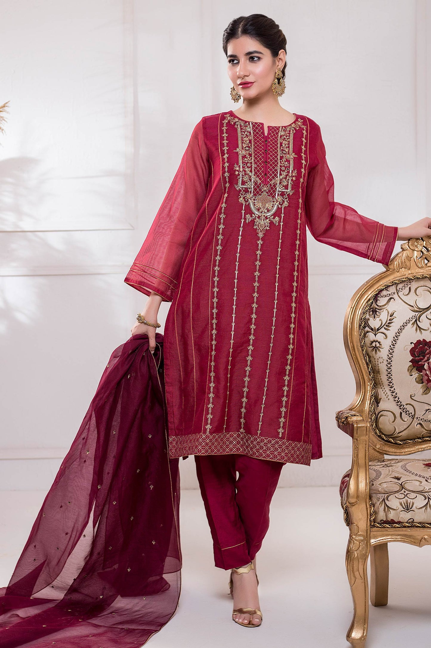 Stitched 3 Piece Checkered Organza Embroidered Suit