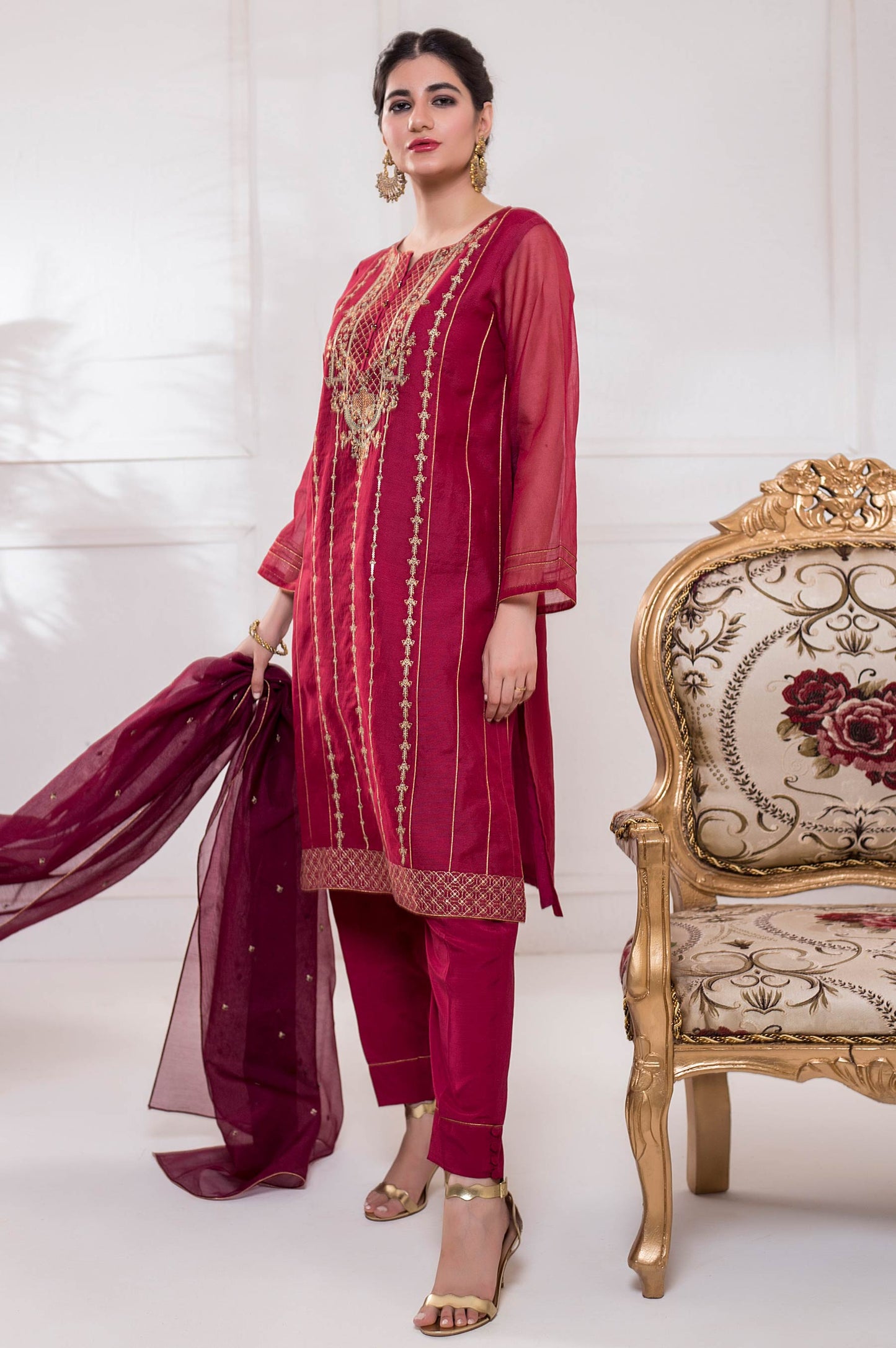 Stitched 3 Piece Checkered Organza Embroidered Suit