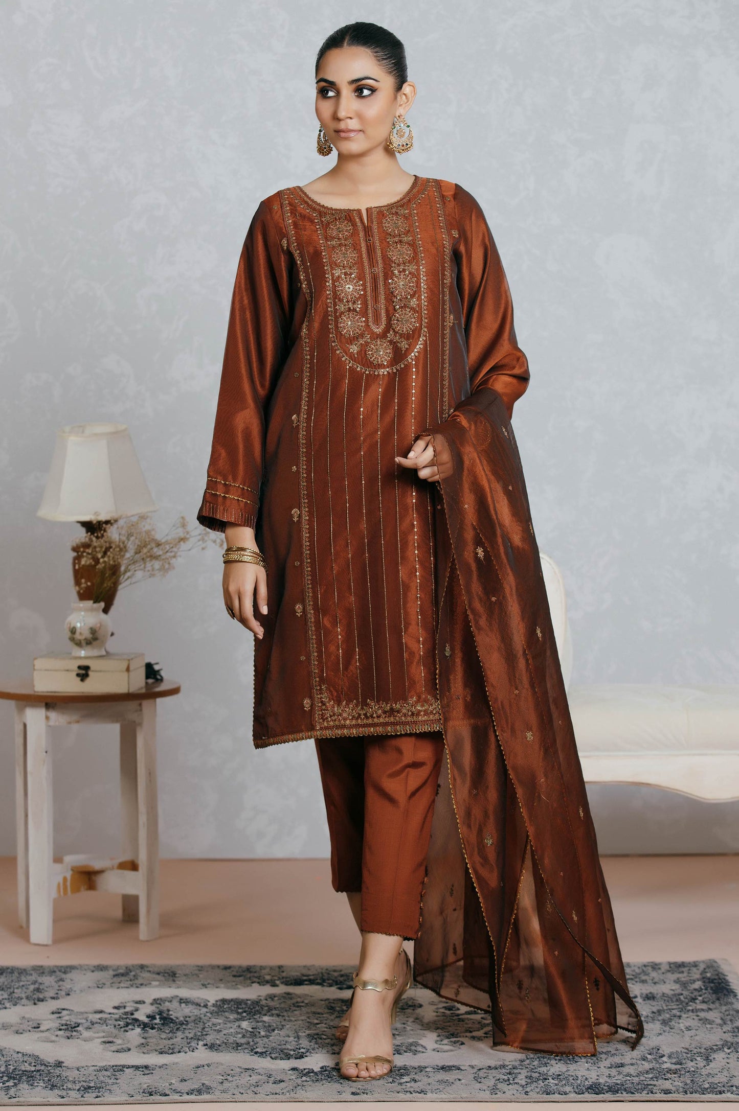 Stitched 3 Piece Organza Embroidered Suit