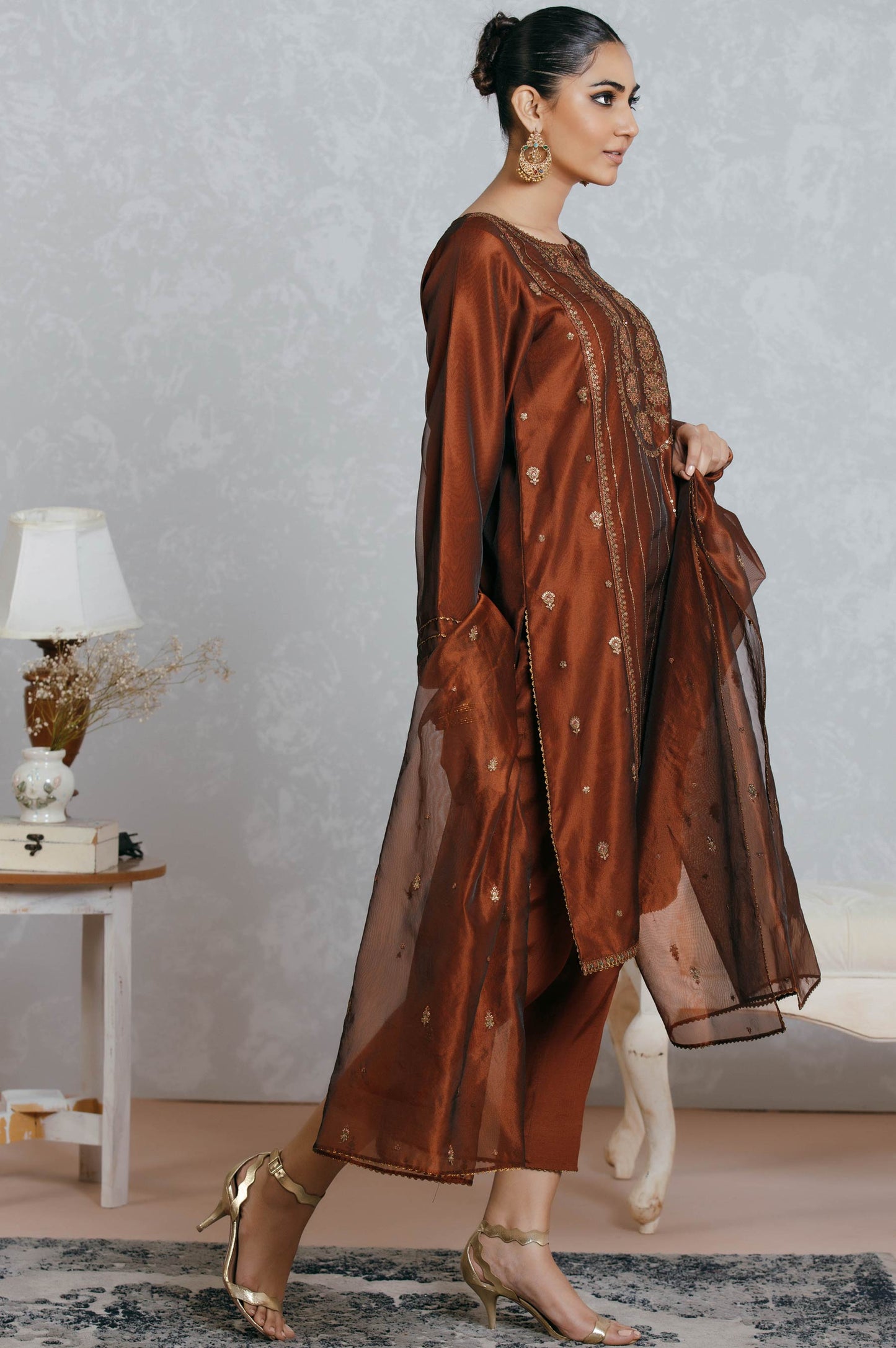 Stitched 3 Piece Organza Embroidered Suit