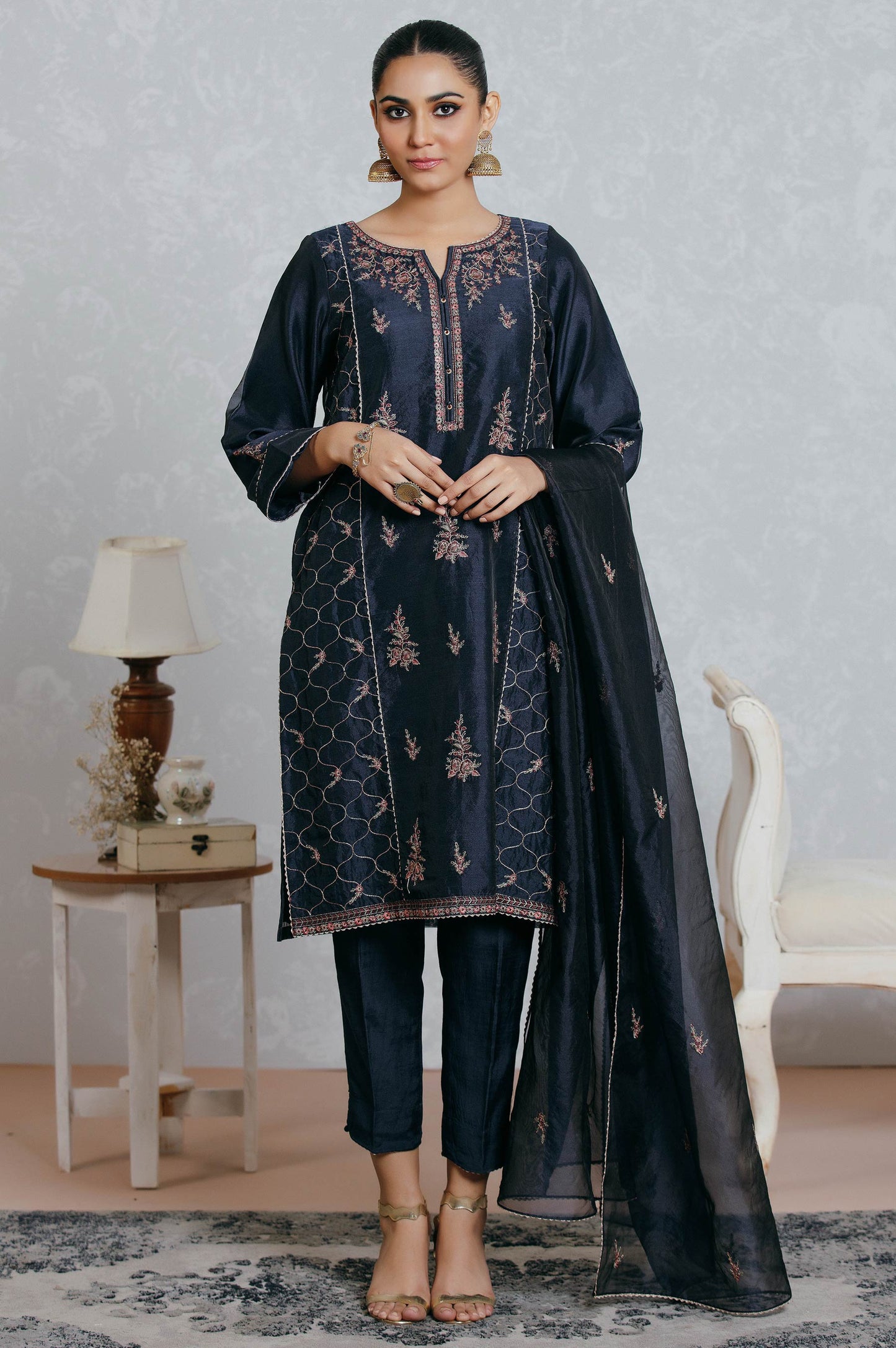 Stitched 3 Piece Organza Embroidered Suit