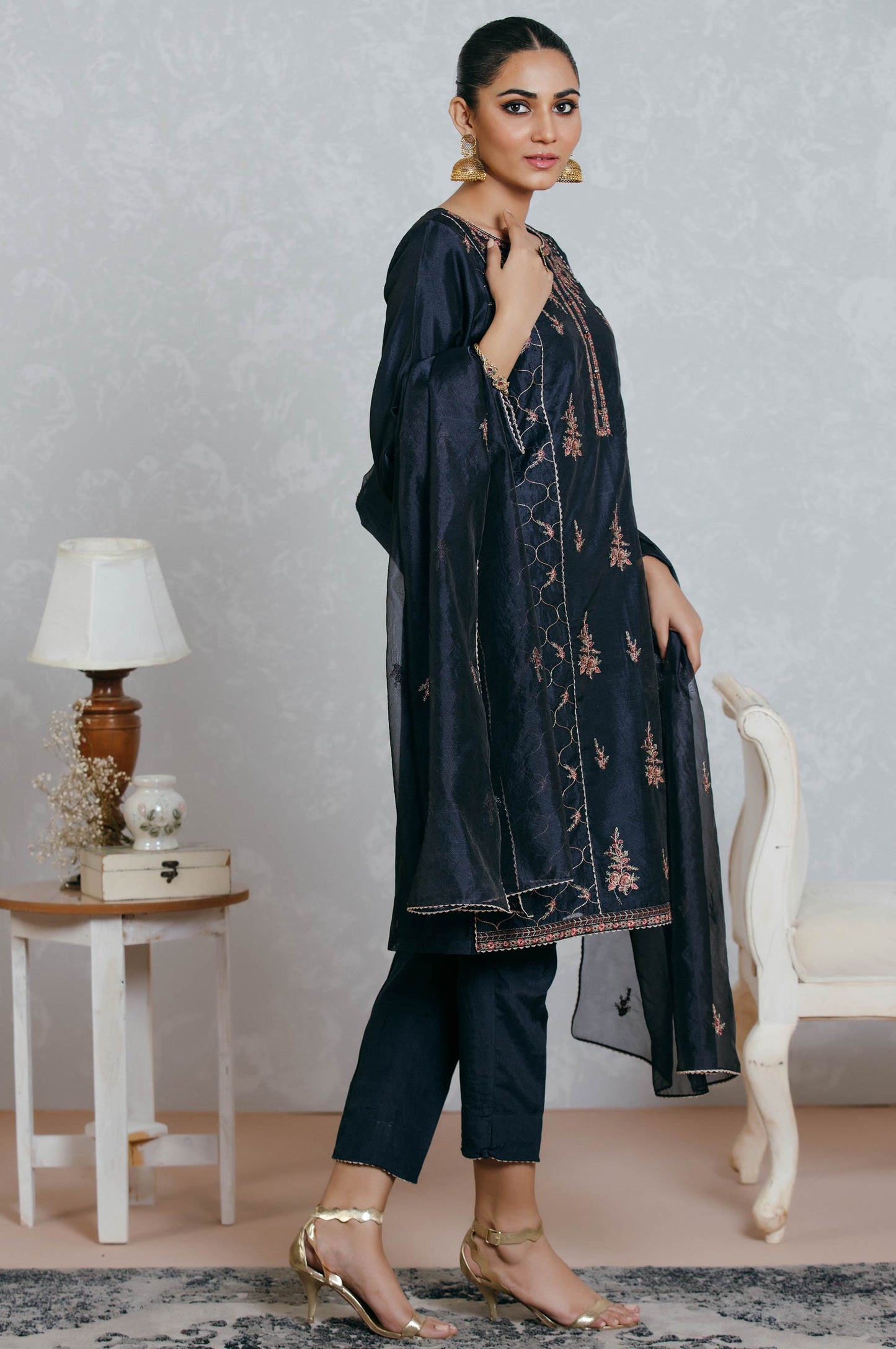 Stitched 3 Piece Organza Embroidered Suit