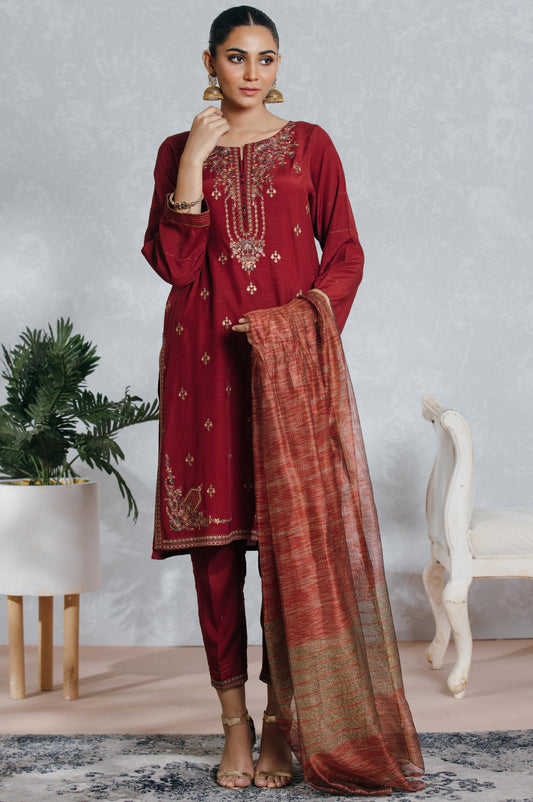 Stitched 3 Piece Raw Silk Embroidered Suit