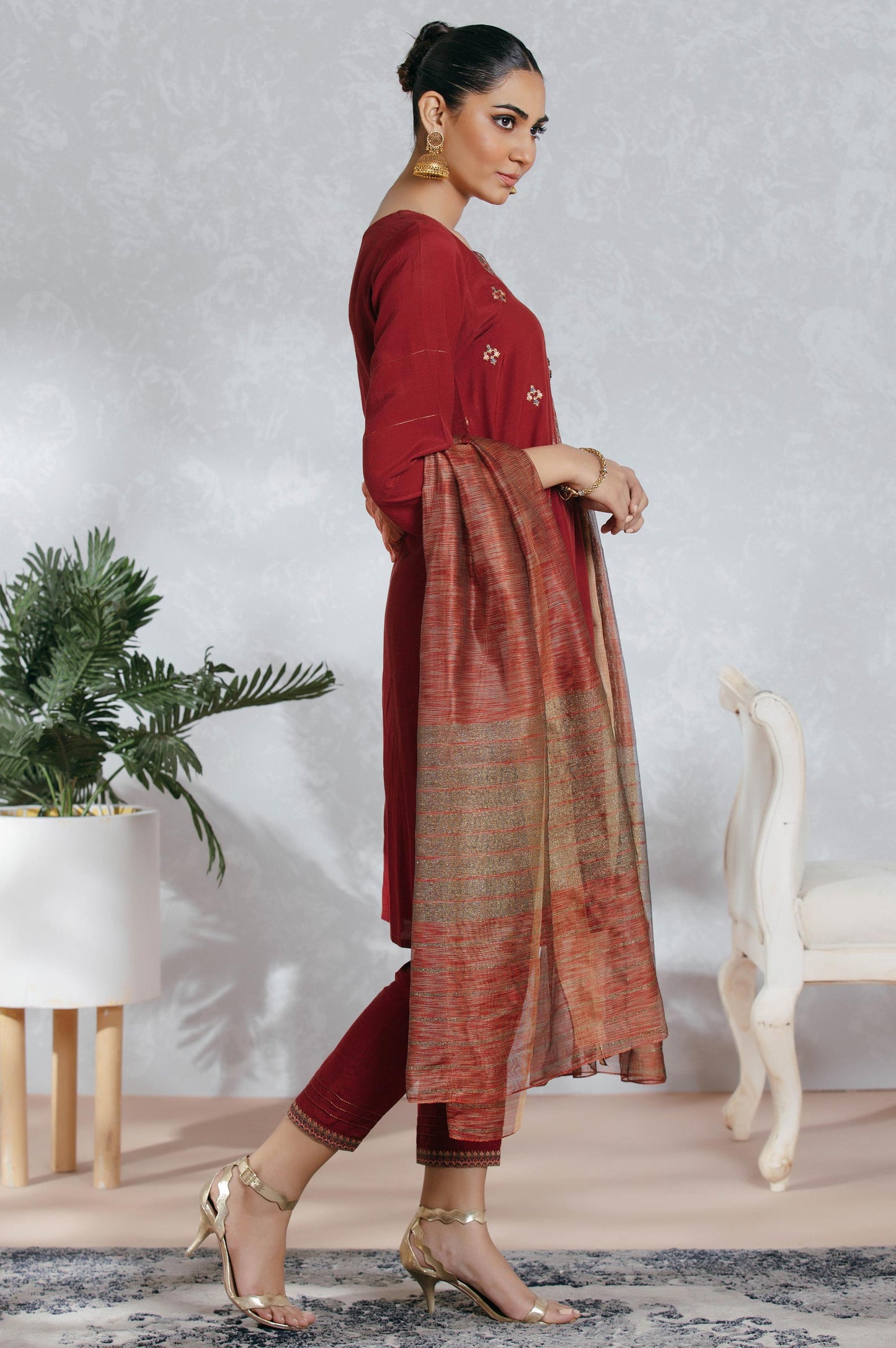 Stitched 3 Piece Raw Silk Embroidered Suit